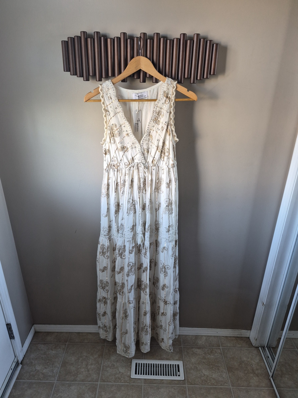 Boho Cream Maxi Dress with Gold Paisley Accents